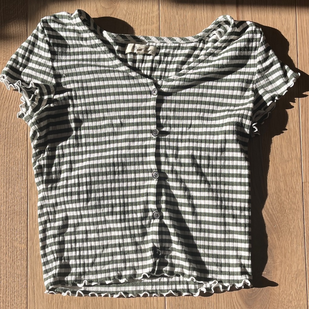 Madewell Green & White Button Down Cropped Top